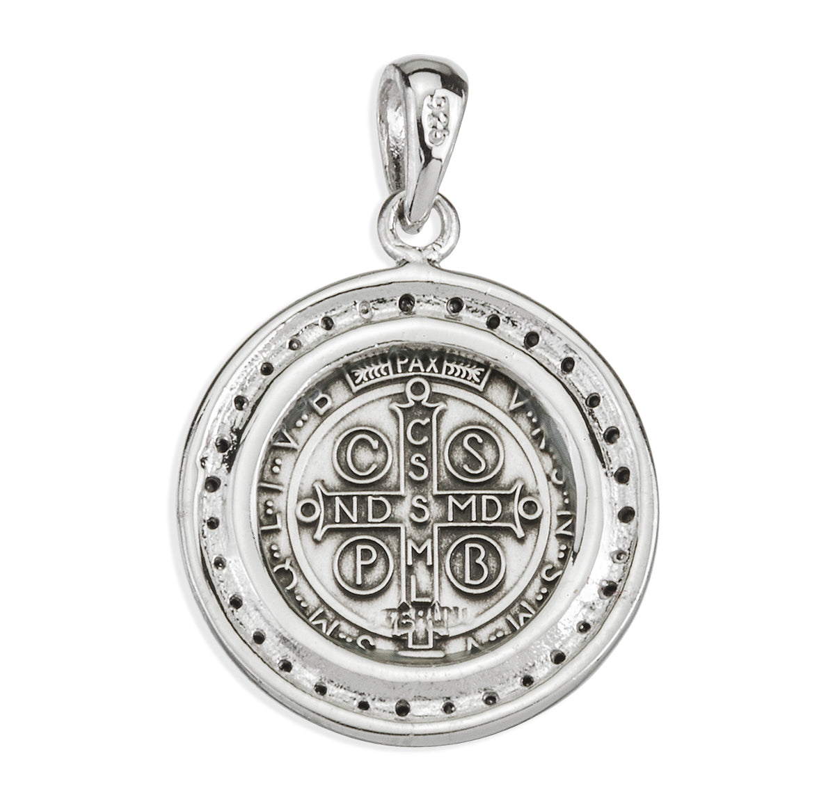 Saint Benedict Round Medal Necklace with Black Cubic Zirconia, Sterling Silver