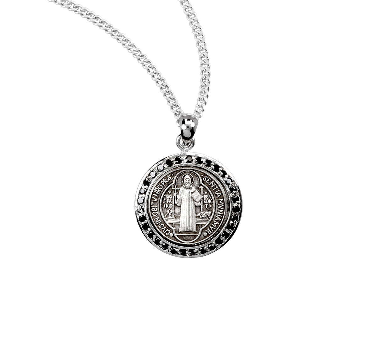 Saint Benedict Round Medal Necklace with Black Cubic Zirconia, Sterling Silver