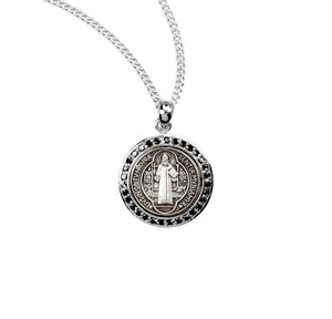 Saint Benedict Round Medal Necklace with Black Cubic Zirconia, Sterling Silver