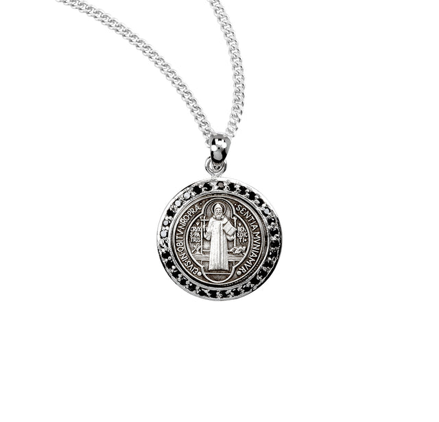 Saint Benedict Round Medal Necklace with Black Cubic Zirconia, Sterling Silver