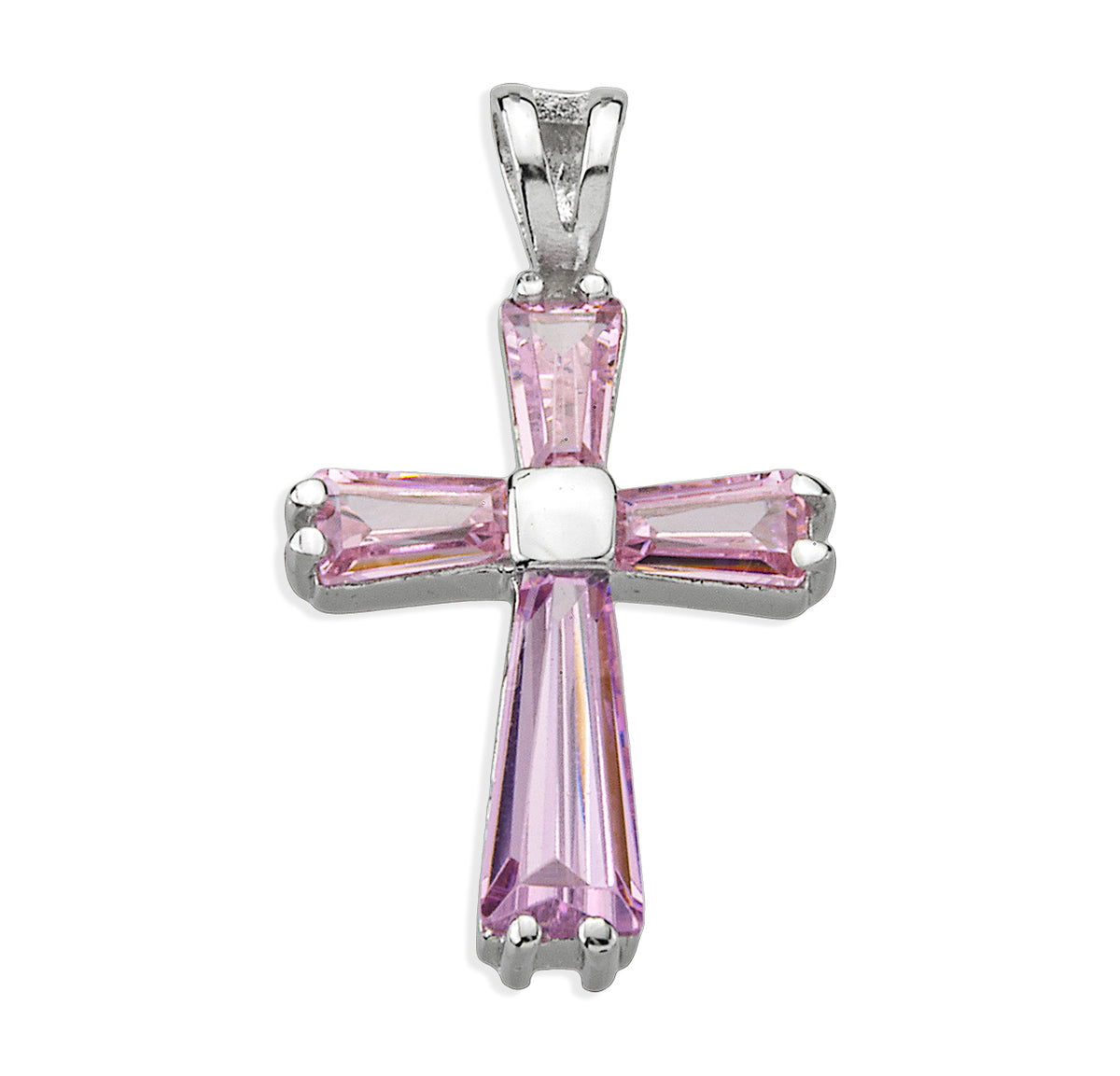 Pink Cubic Zirconia Cross Necklace, Sterling Silver