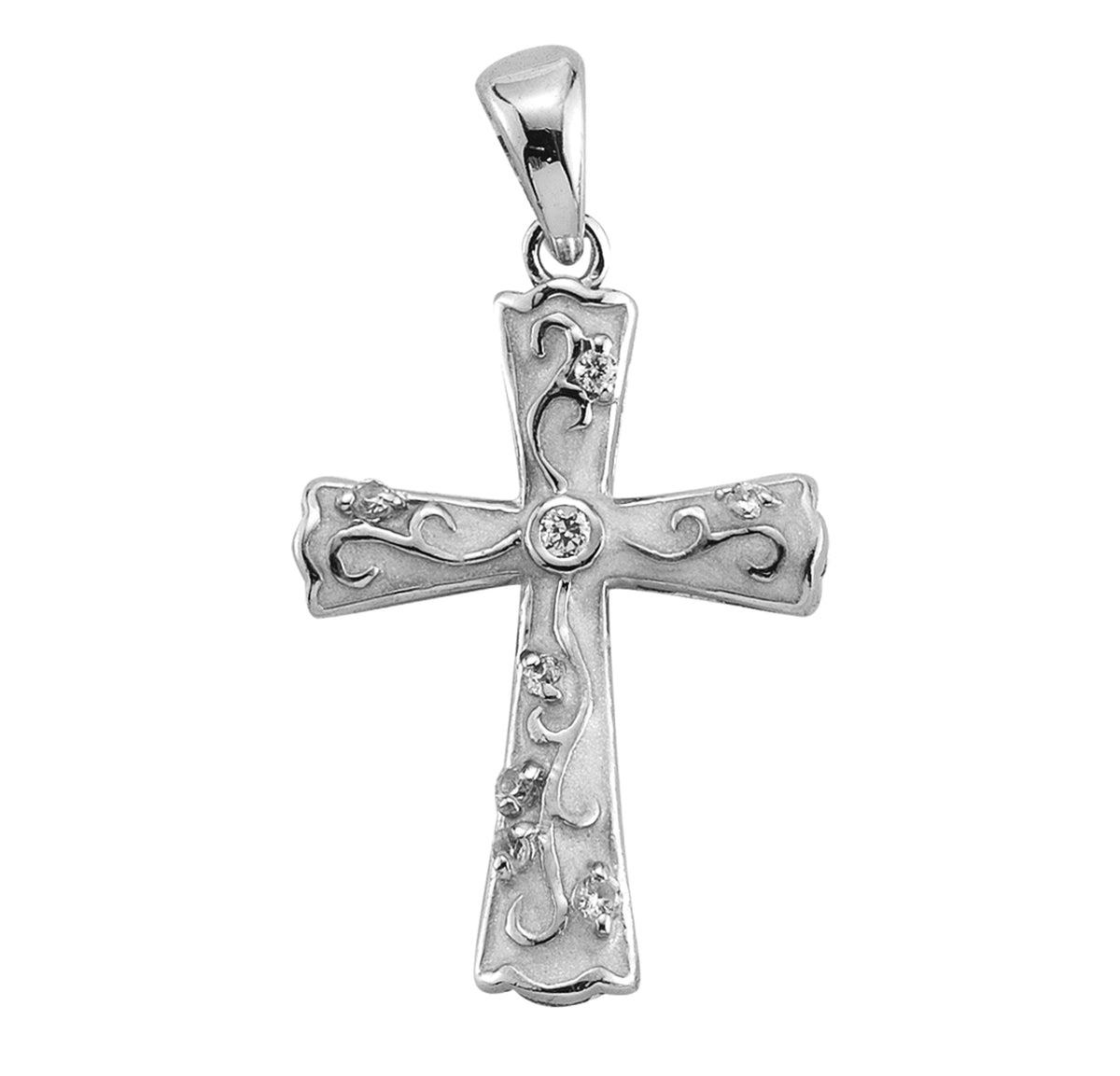 White Enameled Cross Necklace with Crystal Cubic Zirconia, Sterling Silver