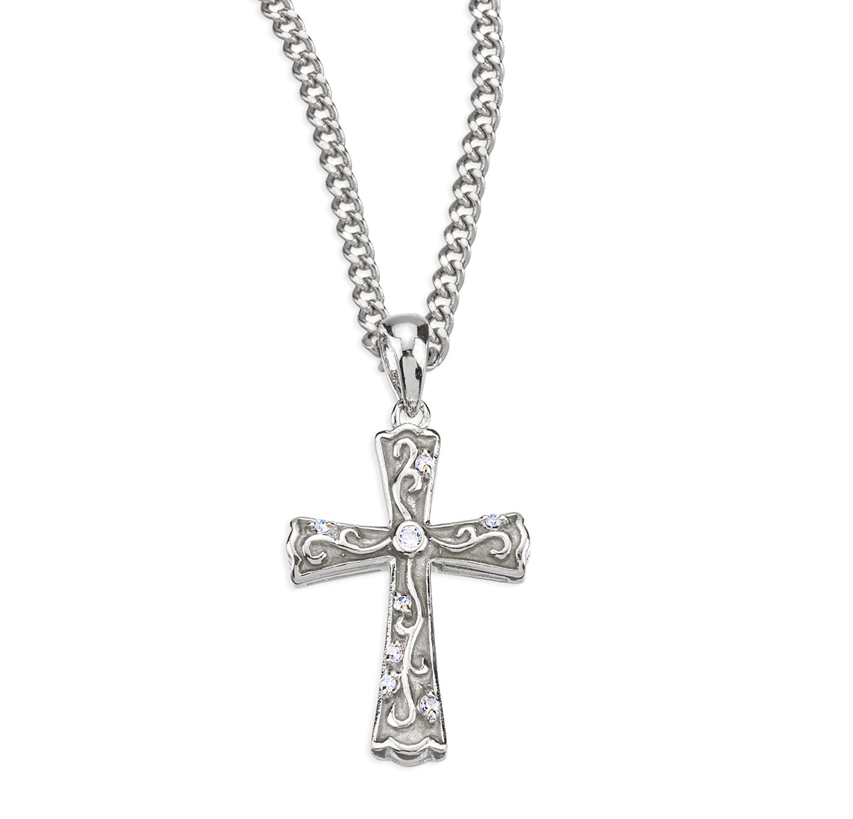 White Enameled Cross Necklace with Crystal Cubic Zirconia, Sterling Silver