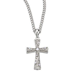 White Enameled Cross Necklace with Crystal Cubic Zirconia, Sterling Silver