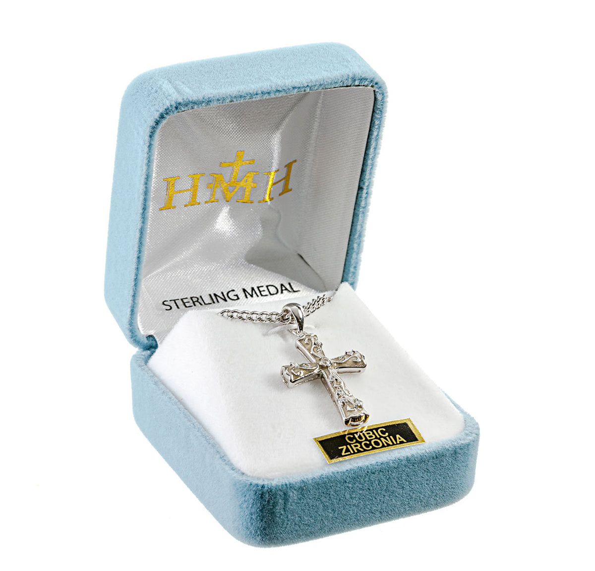 White Enameled Cross Necklace with Crystal Cubic Zirconia, Sterling Silver