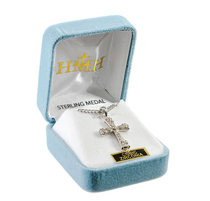White Enameled Cross Necklace with Crystal Cubic Zirconia, Sterling Silver