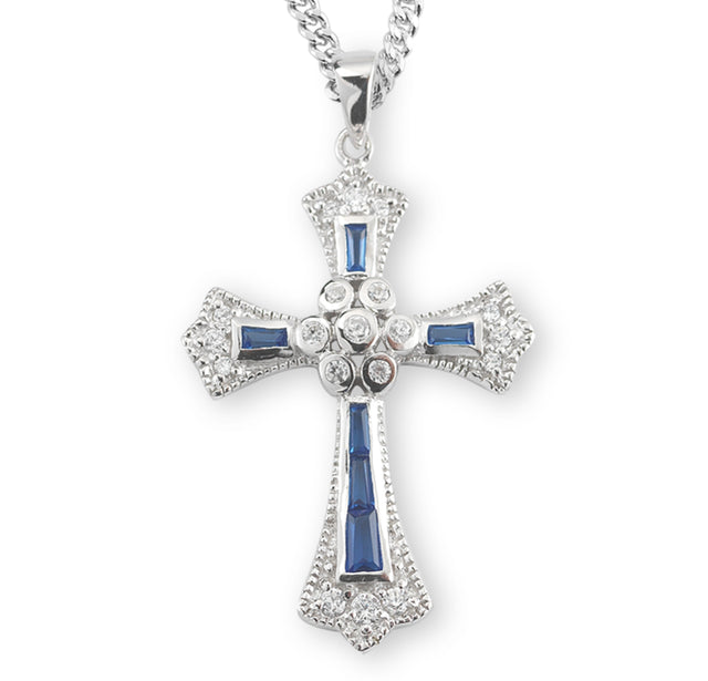 Sapphire and Crystal Cubic Zirconia Cross Necklace, Sterling Silver