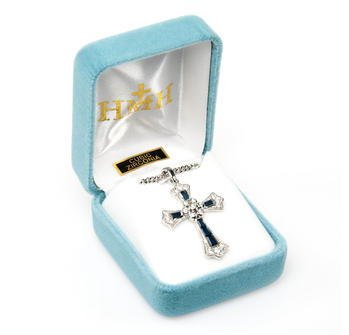 Sapphire and Crystal Cubic Zirconia Cross Necklace, Sterling Silver