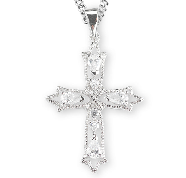 Extra Large Crystal Cubic Zirconia Chain Cross Necklace, Sterling Silver