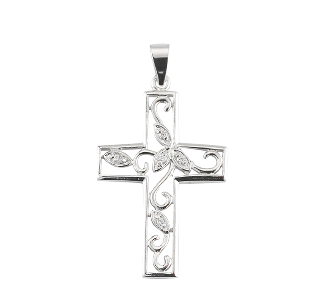 Crystal Cubic Zirconia Vine Cross Necklace, Sterling Silver