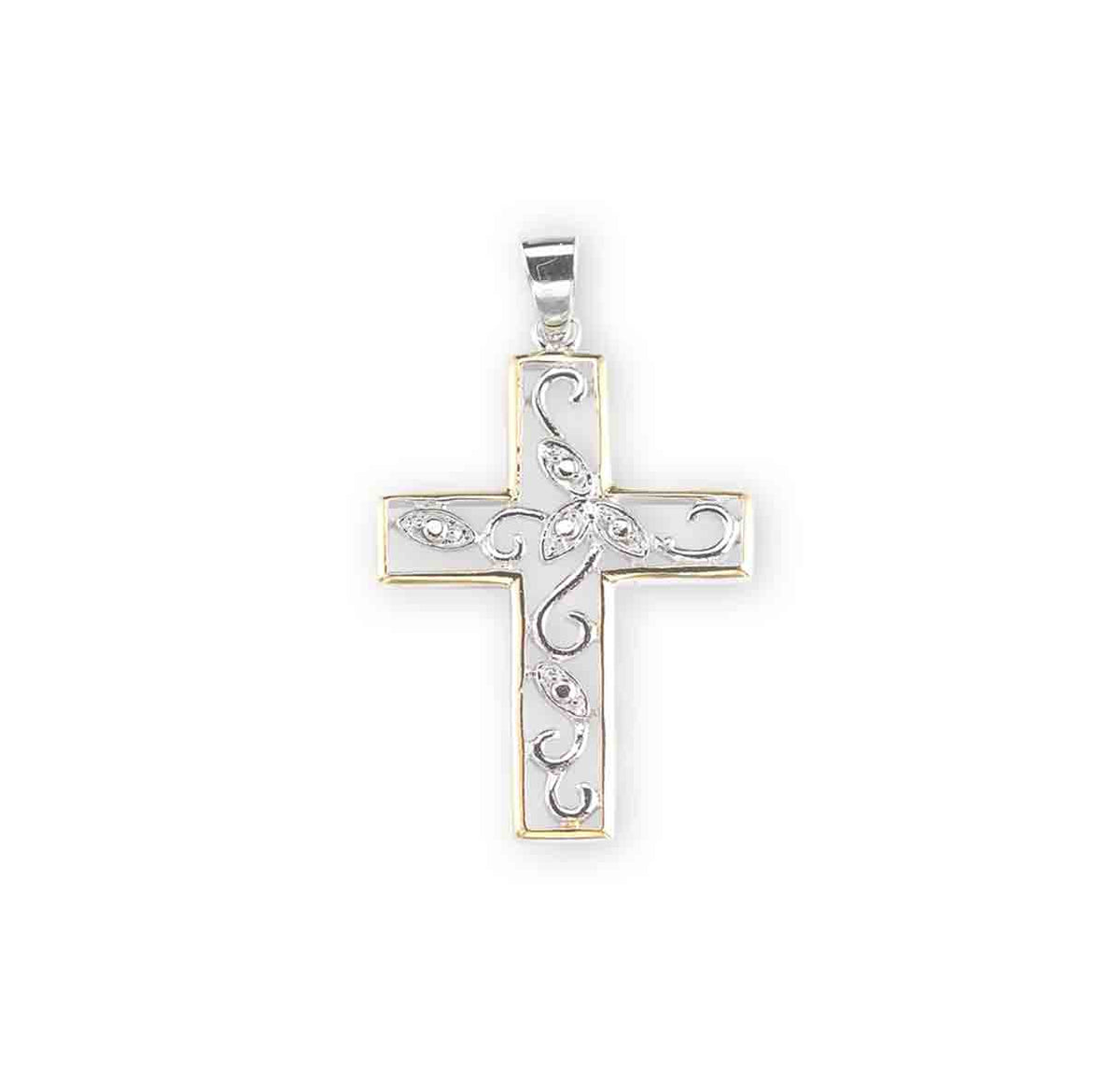 Crystal Cubic Zirconia Two-Tone Vine Cross Necklace, Sterling Silver