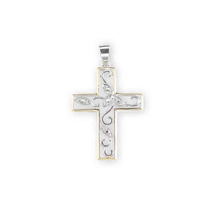 Crystal Cubic Zirconia Two-Tone Vine Cross Necklace, Sterling Silver