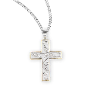 Crystal Cubic Zirconia Two-Tone Vine Cross Necklace, Sterling Silver