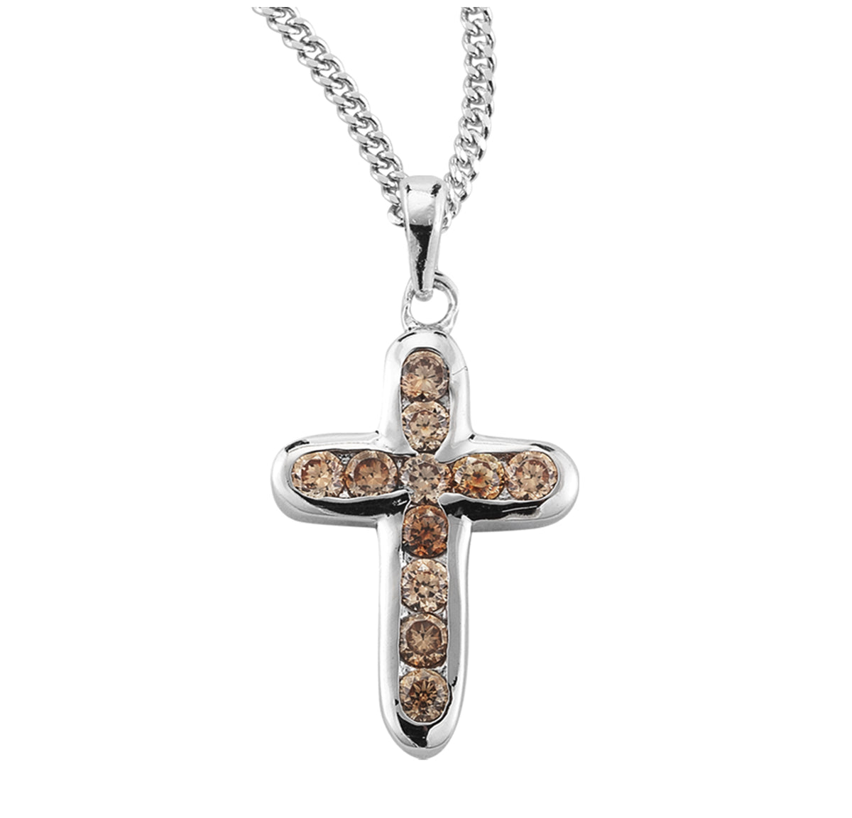 Champagne Crystal Cubic Zirconia Cross Necklace, Sterling Silver