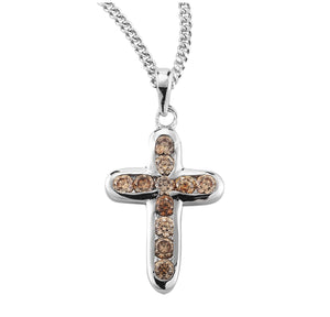 Champagne Crystal Cubic Zirconia Cross Necklace, Sterling Silver