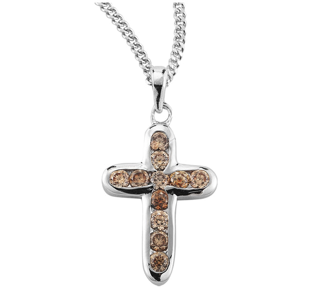 Champagne Crystal Cubic Zirconia Cross Necklace, Sterling Silver