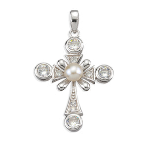 Cross Necklace with Freshwater Pearl Center and Accents, Sterling Silver