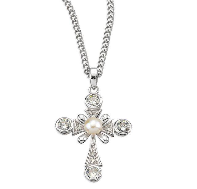 Cross Necklace with Freshwater Pearl Center and Accents, Sterling Silver