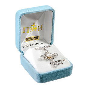 Cross Necklace with Freshwater Pearl Center and Accents, Sterling Silver