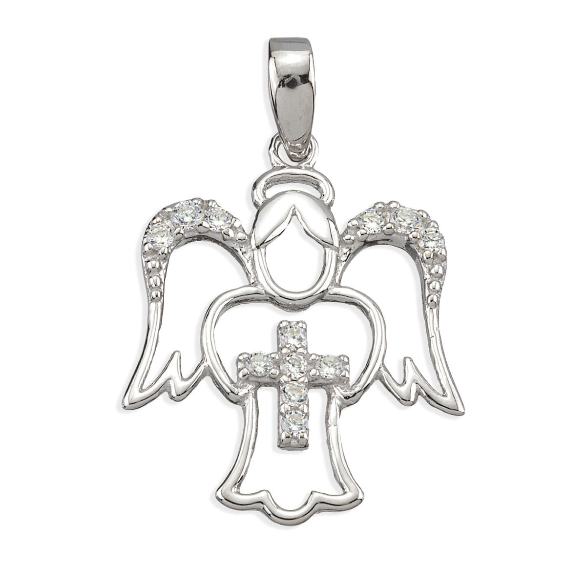 Guardian Angel Cross Necklace with and Accents, Sterling Silver