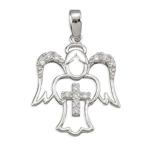 Guardian Angel Cross Necklace with and Accents, Sterling Silver