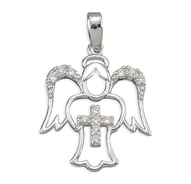 Guardian Angel Cross Necklace with and Accents, Sterling Silver
