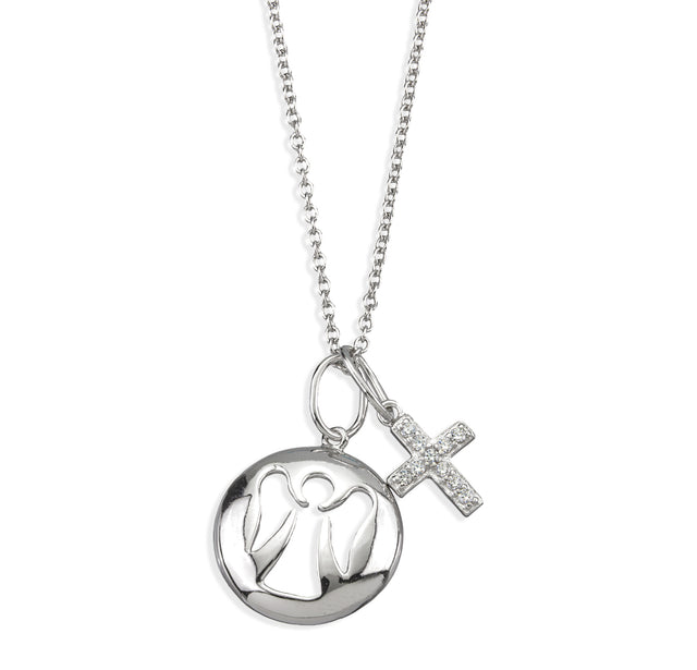 Child's Guardian Angel Medal and Cross Charm Necklace, Sterling Silver