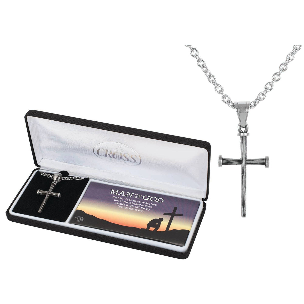 Man of God Men's Stainless Steel Nail Cross Necklace, 24-Inch Chain