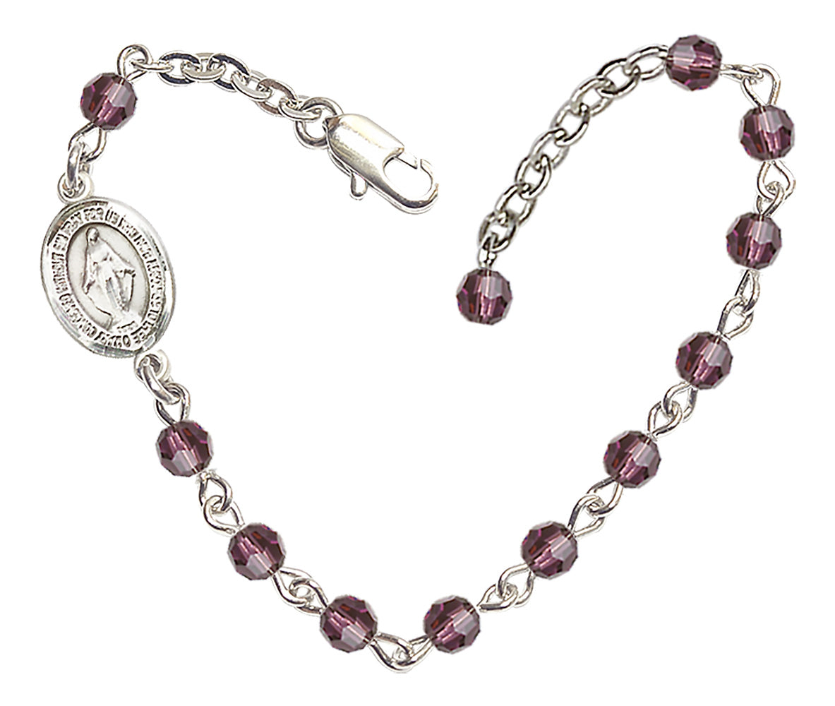 Miraculous Medal Beaded Bracelet - Silver Plate - February - Amethyst