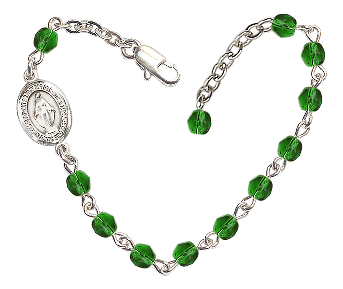 Miraculous Medal Beaded Bracelet - Silver Plate - May - Emerald