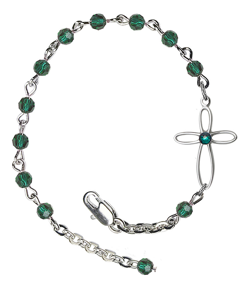 Loop Cross Crystal Bracelet - Silver Plate - May - Emerald