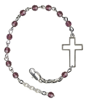 Sideways Cross Crystal Bracelet - Silver Plate - February - Amethyst
