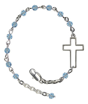 Sideways Cross Crystal Bracelet - Silver Plate - March - Aqua
