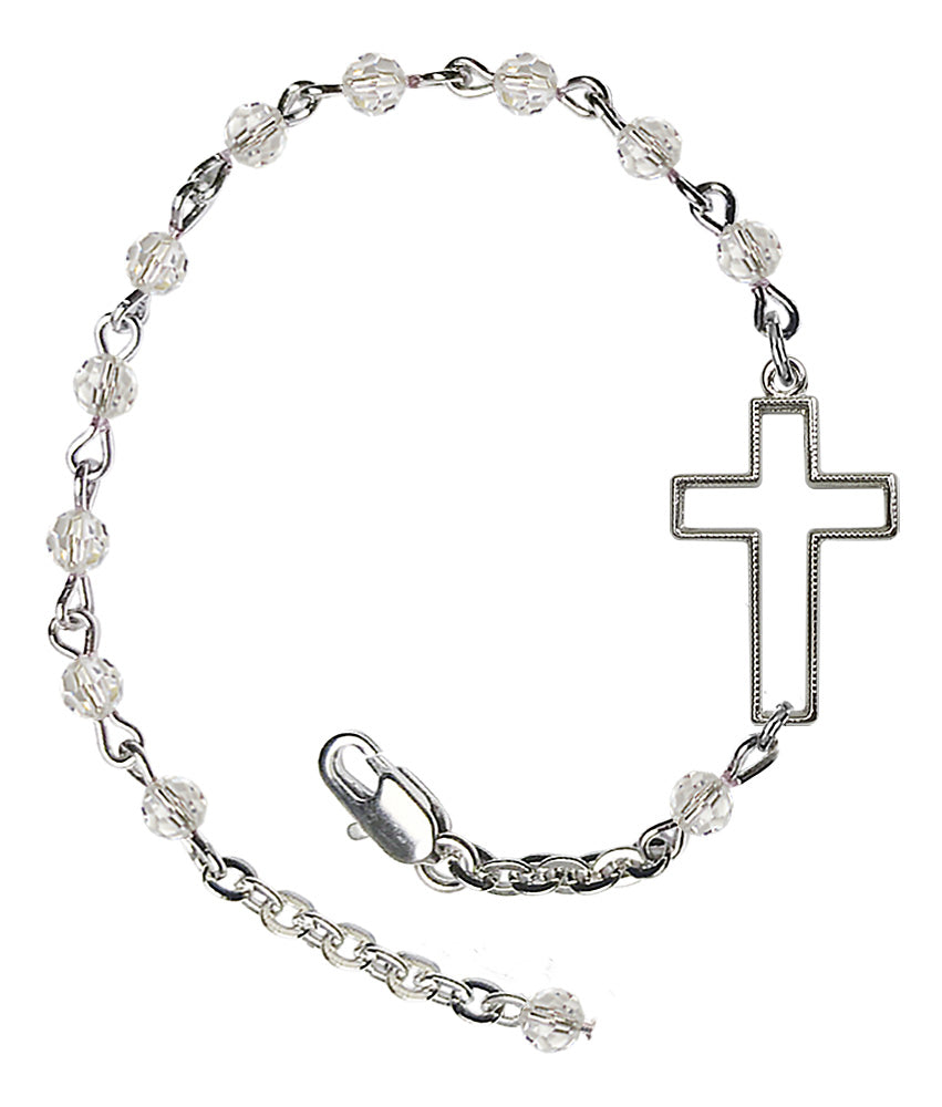 Sideways Cross Crystal Bracelet - Silver Plate - April - Crystal
