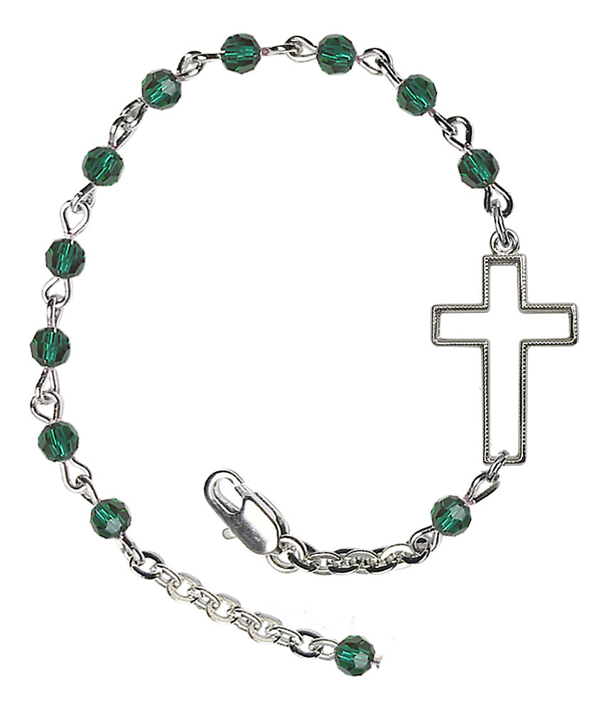 Sideways Cross Crystal Bracelet - Silver Plate - May - Emerald