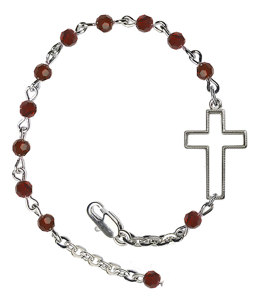 Sideways Cross Crystal Bracelet - Silver Plate - January - Garnet