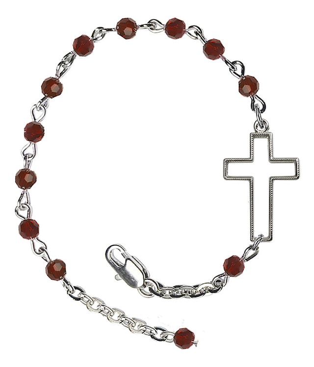 Sideways Cross Crystal Bracelet - Silver Plate - January - Garnet