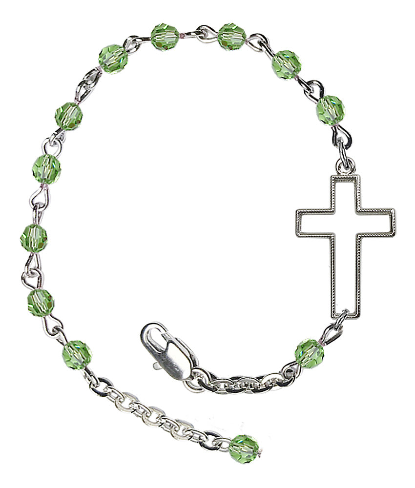 Sideways Cross Crystal Bracelet - Silver Plate - August - Peridot