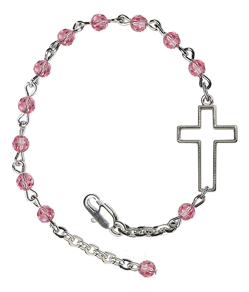 Sideways Cross Crystal Bracelet - Silver Plate - October - Rose