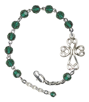 Scroll Cross Emerald Crystal Bracelet - Silver Plate - May - Emerald