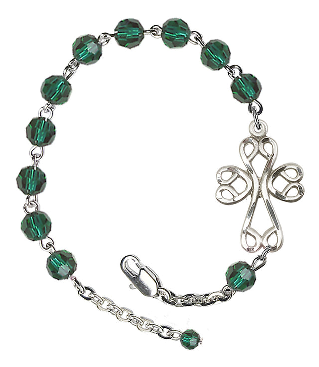 Scroll Cross Emerald Crystal Bracelet - Silver Plate - May - Emerald