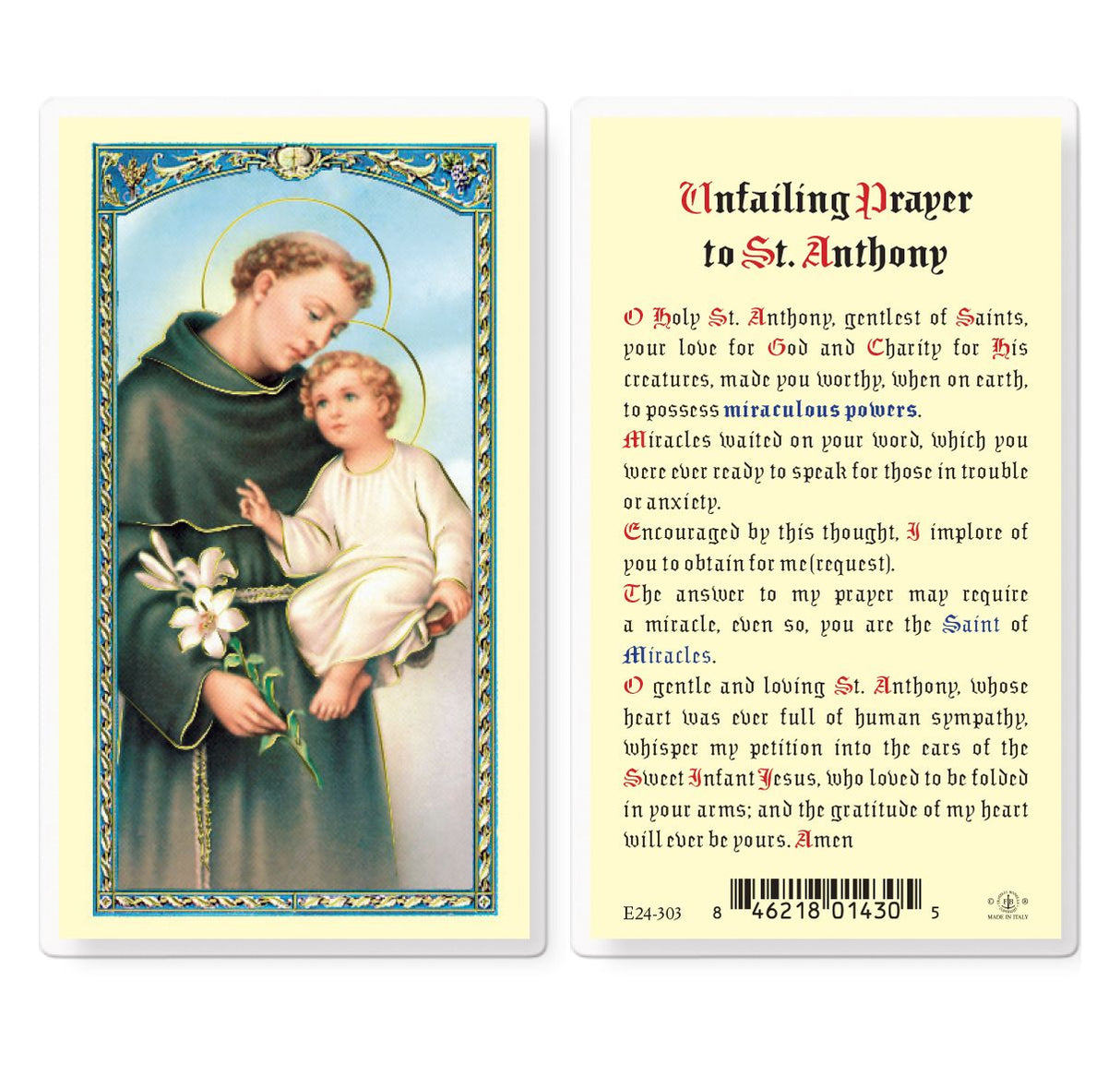 St. Anthony, Unfailing Laminated Prayer Card