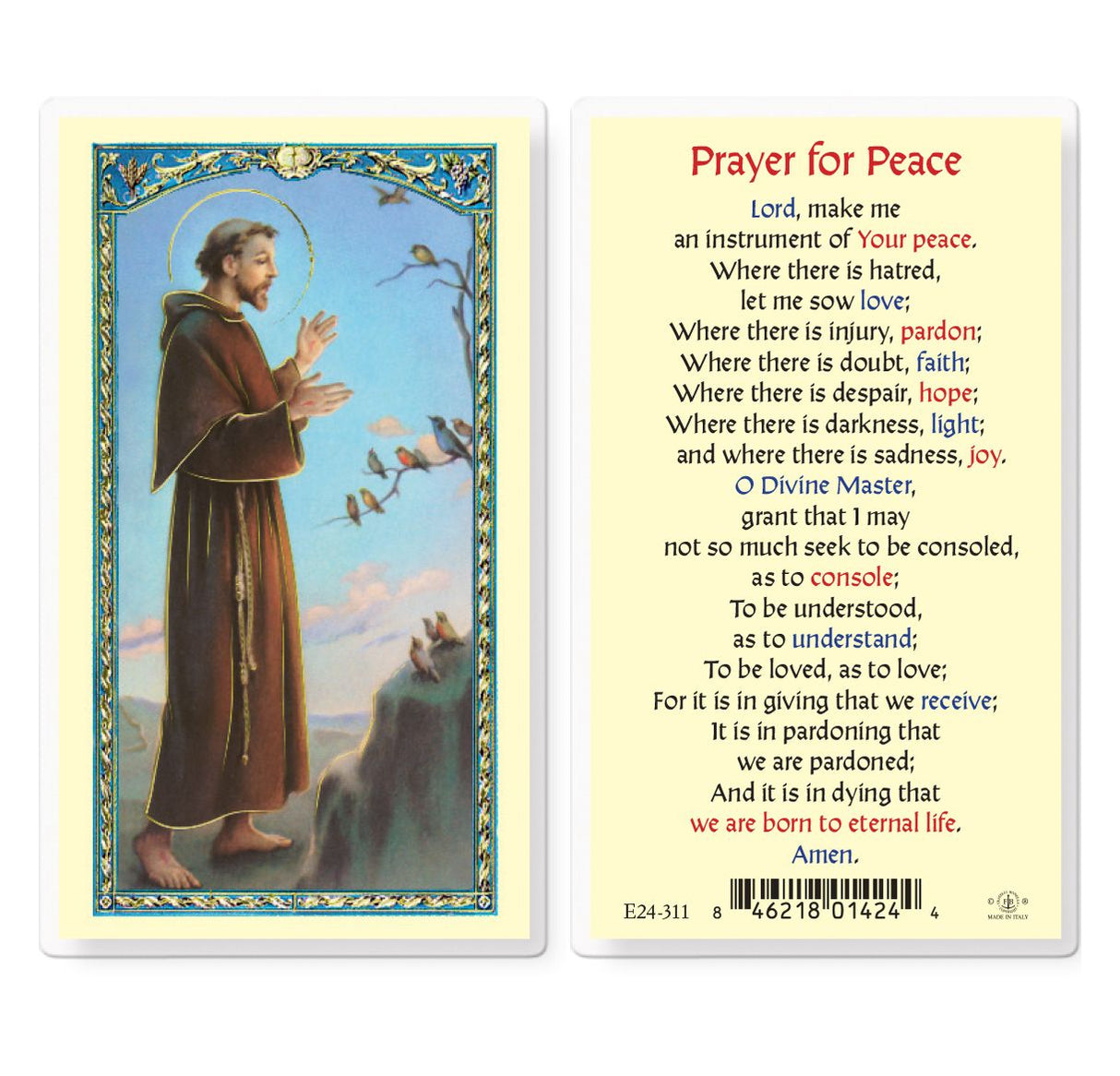 St. Francis Prayer For Peace Laminated Prayer Card