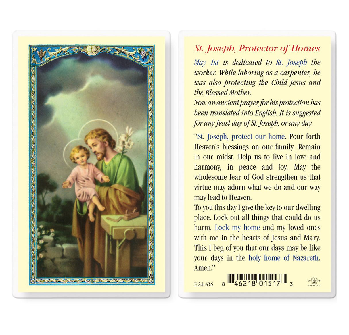St. Joseph Protector of Homes Laminated Prayer Card