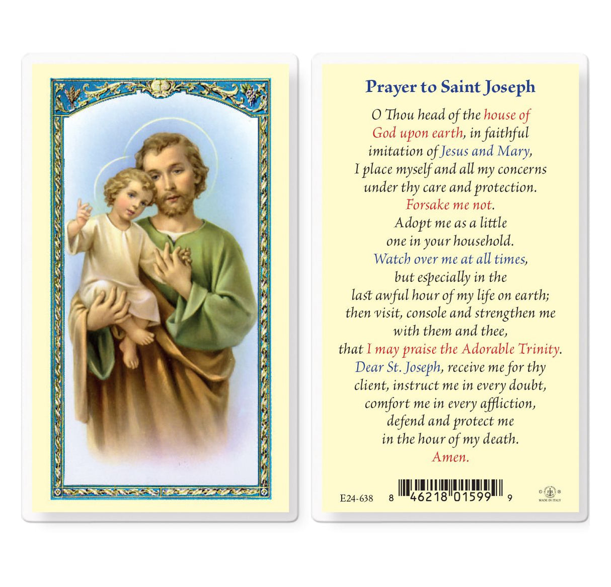 Prayer to St. Joseph Laminated Prayer Card – Fratelli Bonella Art (Italy)