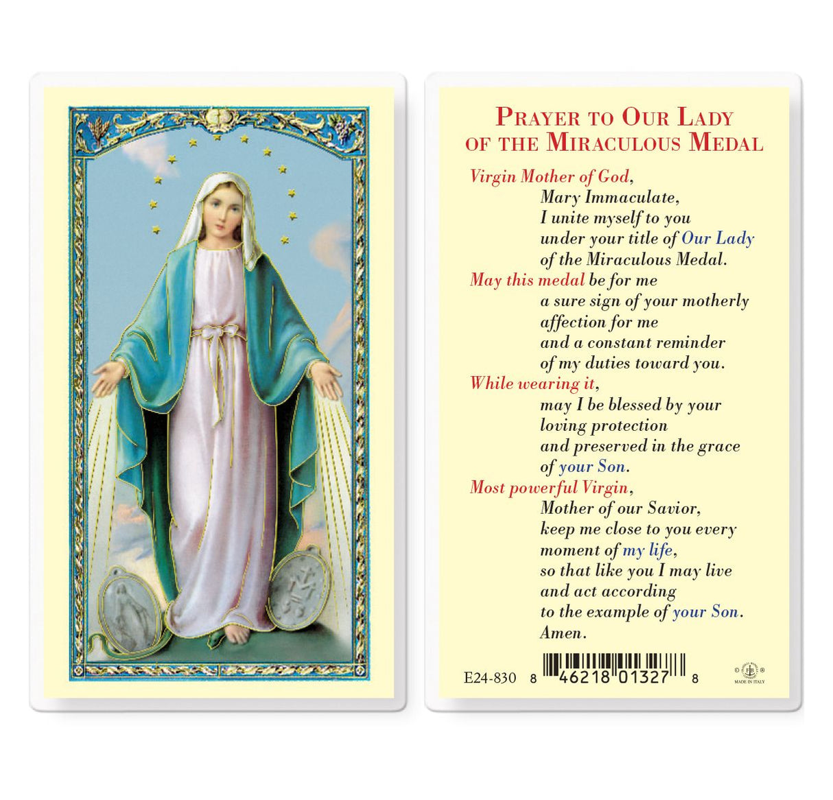 Our Lady of The Miraculous Medal Laminated Prayer Card