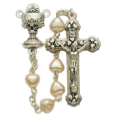 First Communion White Pearl Heart Rosary with Chalice Centerpiece