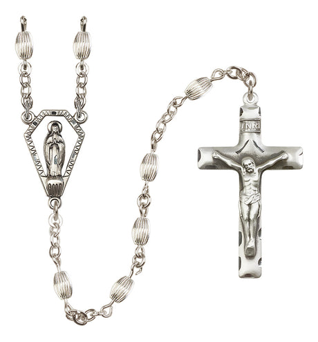 Sterling silver Miraculous heirloom rosary with 5x7mm oval corrugated beads and cut-out Miraculous Medal center