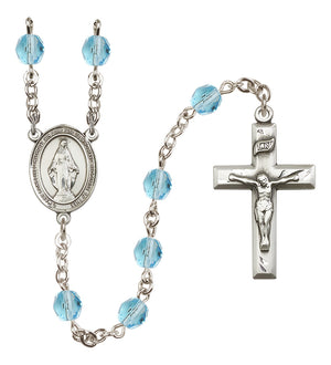 Miraculous Medal Birthstone Rosary, 6mm Fire-Polished Beads, Silver Plated