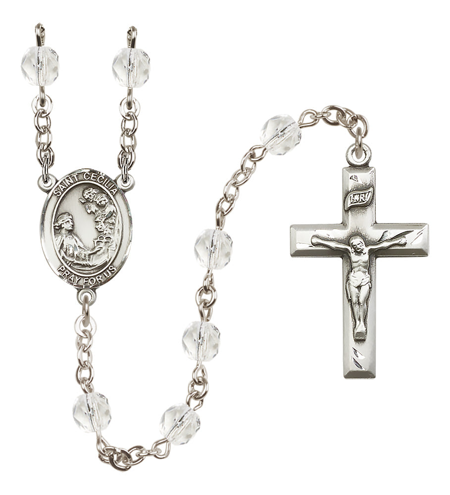 Saint Cecilia Birthstone Rosary, 6mm Fire-Polished Beads, Silver Plated